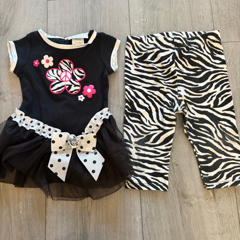 Sweet Heart Rose Zebra Tutu Top Leggings Set 12M Baby Girl Pink Black White Y2K